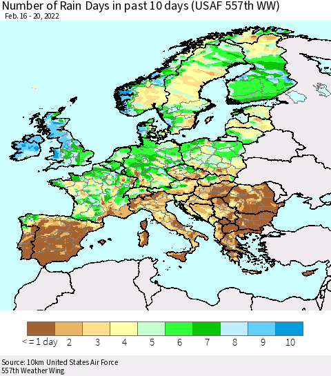 Europe Number of Rain Days in past 10 days (USAF 557th WW) Thematic Map For 2/16/2022 - 2/20/2022