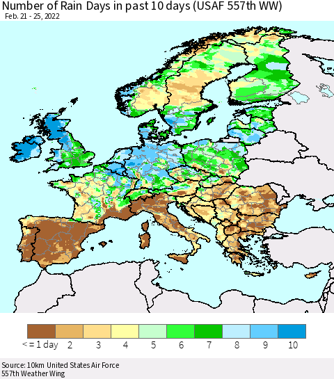 Europe Number of Rain Days in past 10 days (USAF 557th WW) Thematic Map For 2/21/2022 - 2/25/2022