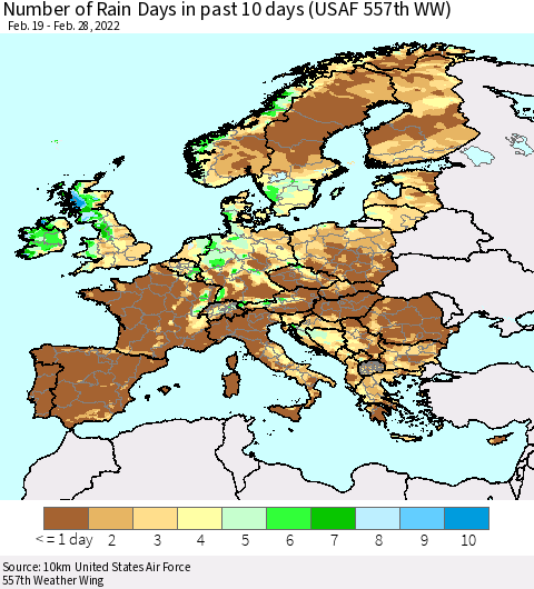 Europe Number of Rain Days in past 10 days (USAF 557th WW) Thematic Map For 2/26/2022 - 2/28/2022