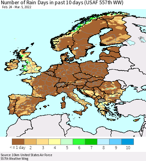 Europe Number of Rain Days in past 10 days (USAF 557th WW) Thematic Map For 3/1/2022 - 3/5/2022