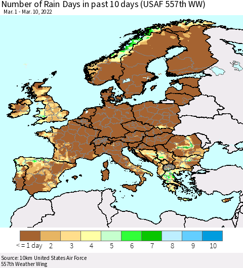 Europe Number of Rain Days in past 10 days (USAF 557th WW) Thematic Map For 3/6/2022 - 3/10/2022