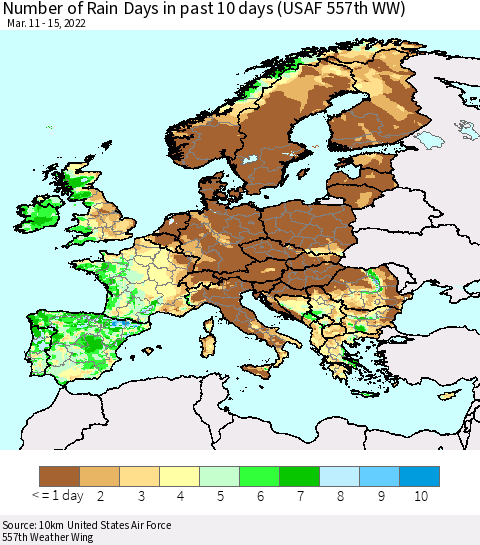 Europe Number of Rain Days in past 10 days (USAF 557th WW) Thematic Map For 3/11/2022 - 3/15/2022