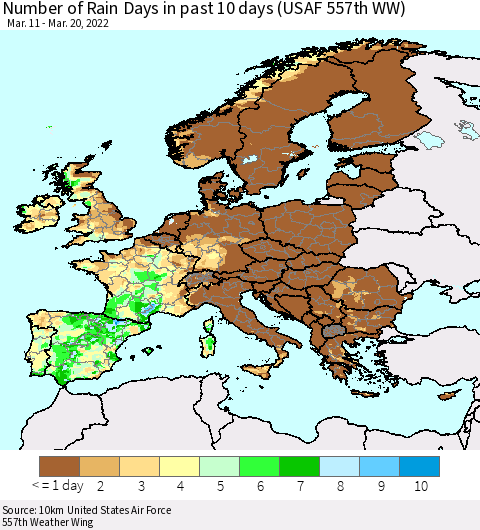 Europe Number of Rain Days in past 10 days (USAF 557th WW) Thematic Map For 3/16/2022 - 3/20/2022