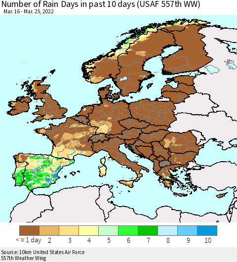 Europe Number of Rain Days in past 10 days (USAF 557th WW) Thematic Map For 3/21/2022 - 3/25/2022