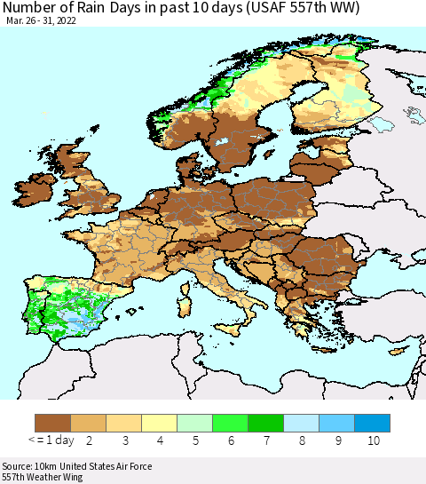 Europe Number of Rain Days in past 10 days (USAF 557th WW) Thematic Map For 3/26/2022 - 3/31/2022