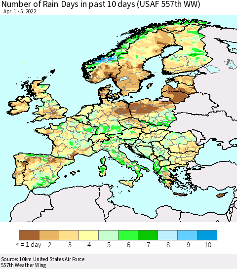 Europe Number of Rain Days in past 10 days (USAF 557th WW) Thematic Map For 4/1/2022 - 4/5/2022