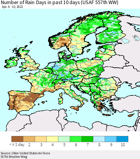 Europe Number of Rain Days in past 10 days (USAF 557th WW) Thematic Map For 4/6/2022 - 4/10/2022