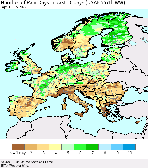 Europe Number of Rain Days in past 10 days (USAF 557th WW) Thematic Map For 4/11/2022 - 4/15/2022