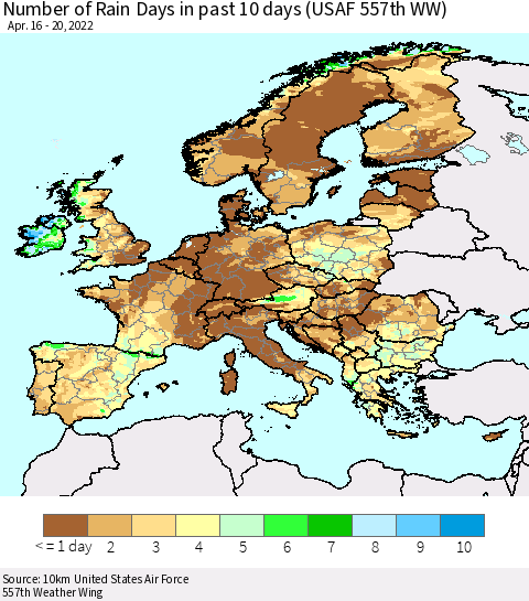 Europe Number of Rain Days in past 10 days (USAF 557th WW) Thematic Map For 4/16/2022 - 4/20/2022
