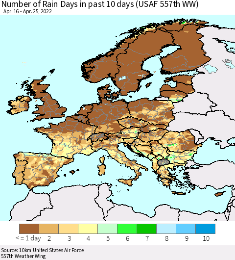 Europe Number of Rain Days in past 10 days (USAF 557th WW) Thematic Map For 4/21/2022 - 4/25/2022