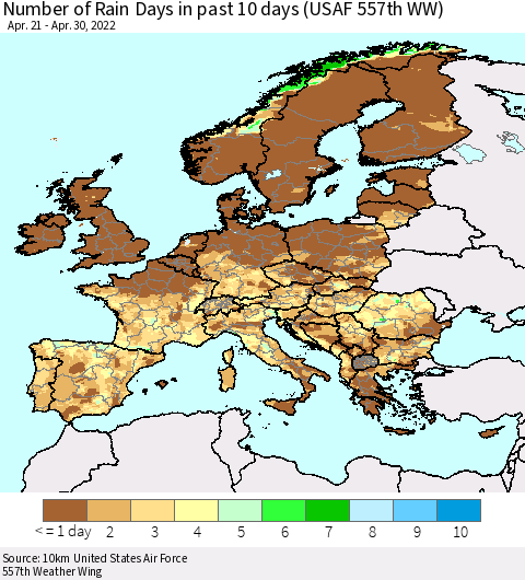 Europe Number of Rain Days in past 10 days (USAF 557th WW) Thematic Map For 4/26/2022 - 4/30/2022