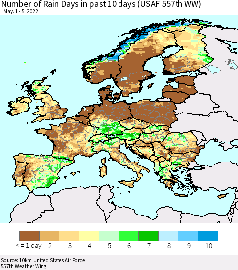 Europe Number of Rain Days in past 10 days (USAF 557th WW) Thematic Map For 5/1/2022 - 5/5/2022