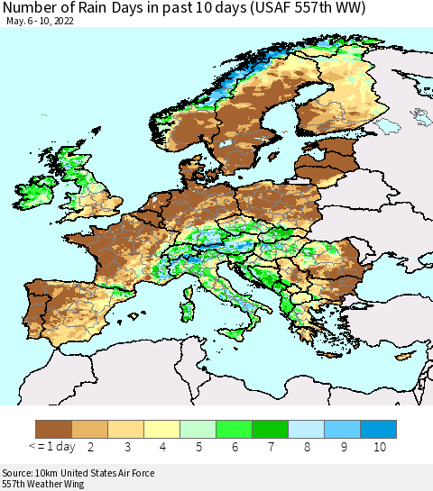 Europe Number of Rain Days in past 10 days (USAF 557th WW) Thematic Map For 5/6/2022 - 5/10/2022