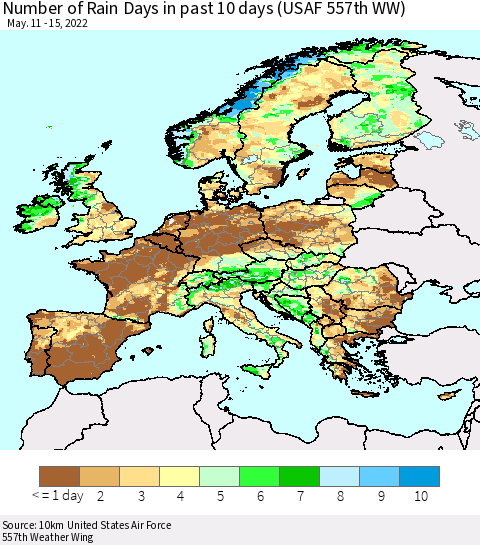 Europe Number of Rain Days in past 10 days (USAF 557th WW) Thematic Map For 5/11/2022 - 5/15/2022