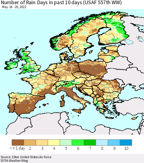 Europe Number of Rain Days in past 10 days (USAF 557th WW) Thematic Map For 5/16/2022 - 5/20/2022