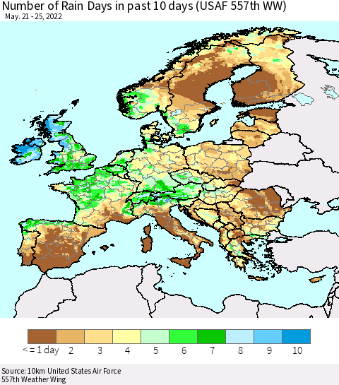 Europe Number of Rain Days in past 10 days (USAF 557th WW) Thematic Map For 5/21/2022 - 5/25/2022