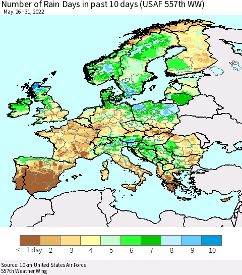 Europe Number of Rain Days in past 10 days (USAF 557th WW) Thematic Map For 5/26/2022 - 5/31/2022
