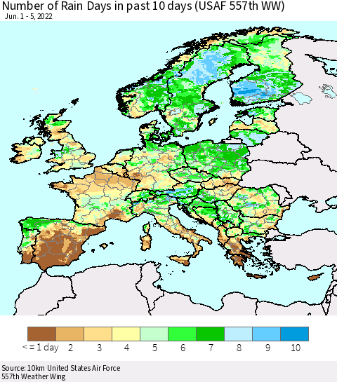 Europe Number of Rain Days in past 10 days (USAF 557th WW) Thematic Map For 6/1/2022 - 6/5/2022