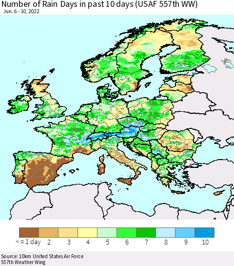 Europe Number of Rain Days in past 10 days (USAF 557th WW) Thematic Map For 6/6/2022 - 6/10/2022