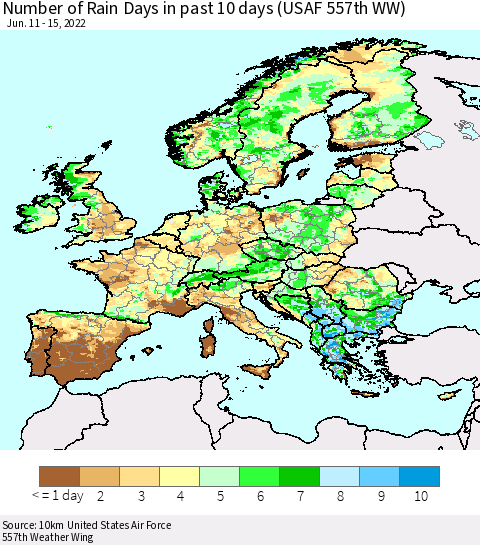 Europe Number of Rain Days in past 10 days (USAF 557th WW) Thematic Map For 6/11/2022 - 6/15/2022