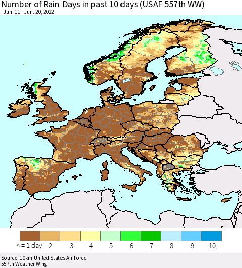 Europe Number of Rain Days in past 10 days (USAF 557th WW) Thematic Map For 6/16/2022 - 6/20/2022
