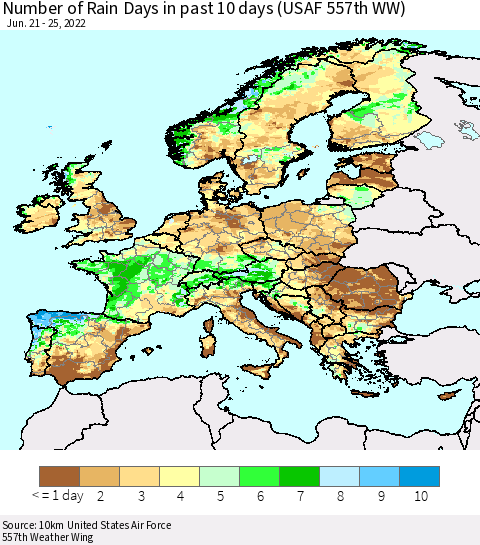 Europe Number of Rain Days in past 10 days (USAF 557th WW) Thematic Map For 6/21/2022 - 6/25/2022