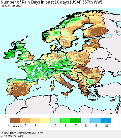Europe Number of Rain Days in past 10 days (USAF 557th WW) Thematic Map For 6/26/2022 - 6/30/2022