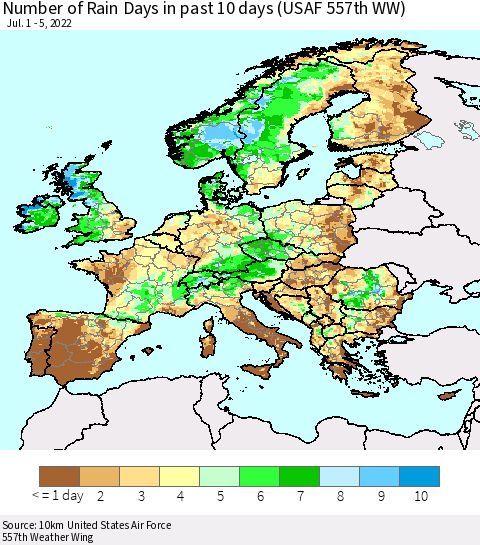 Europe Number of Rain Days in past 10 days (USAF 557th WW) Thematic Map For 7/1/2022 - 7/5/2022