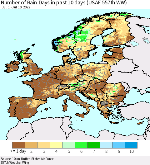 Europe Number of Rain Days in past 10 days (USAF 557th WW) Thematic Map For 7/6/2022 - 7/10/2022