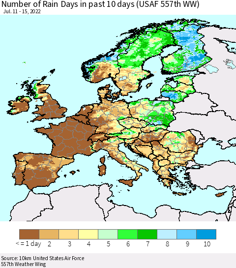 Europe Number of Rain Days in past 10 days (USAF 557th WW) Thematic Map For 7/11/2022 - 7/15/2022