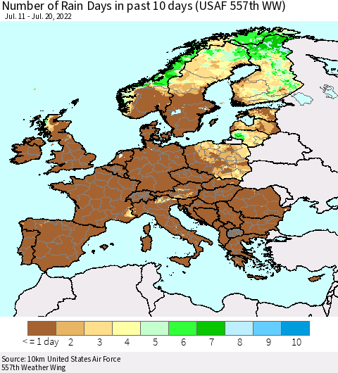 Europe Number of Rain Days in past 10 days (USAF 557th WW) Thematic Map For 7/16/2022 - 7/20/2022