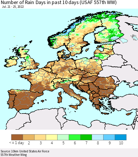 Europe Number of Rain Days in past 10 days (USAF 557th WW) Thematic Map For 7/21/2022 - 7/25/2022