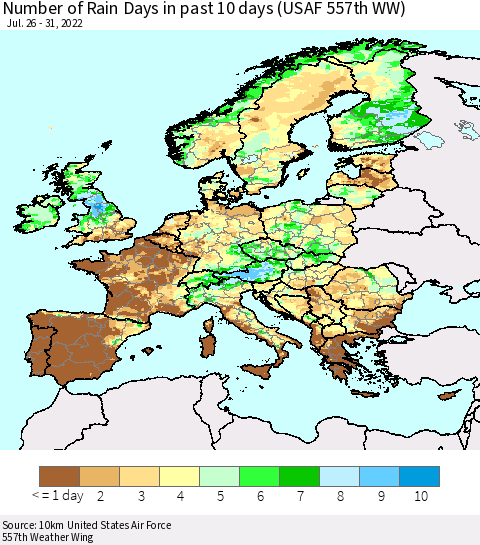 Europe Number of Rain Days in past 10 days (USAF 557th WW) Thematic Map For 7/26/2022 - 7/31/2022