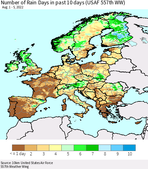 Europe Number of Rain Days in past 10 days (USAF 557th WW) Thematic Map For 8/1/2022 - 8/5/2022