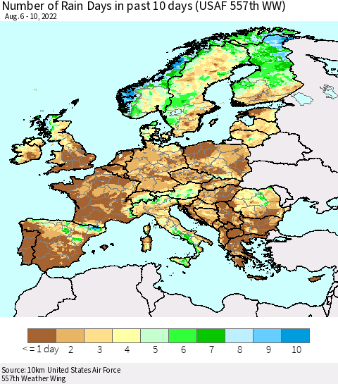 Europe Number of Rain Days in past 10 days (USAF 557th WW) Thematic Map For 8/6/2022 - 8/10/2022
