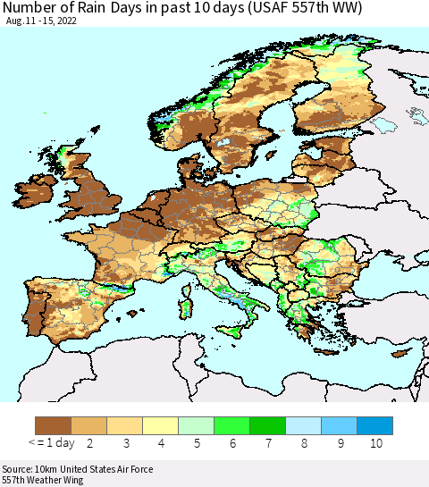Europe Number of Rain Days in past 10 days (USAF 557th WW) Thematic Map For 8/11/2022 - 8/15/2022