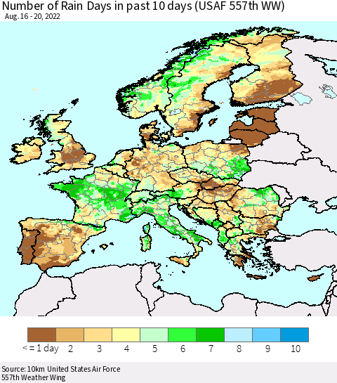 Europe Number of Rain Days in past 10 days (USAF 557th WW) Thematic Map For 8/16/2022 - 8/20/2022