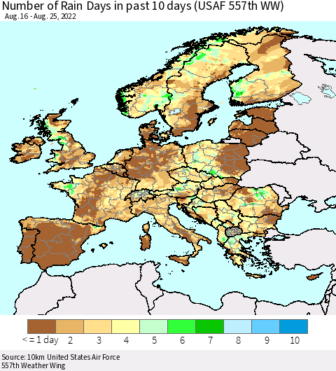 Europe Number of Rain Days in past 10 days (USAF 557th WW) Thematic Map For 8/21/2022 - 8/25/2022