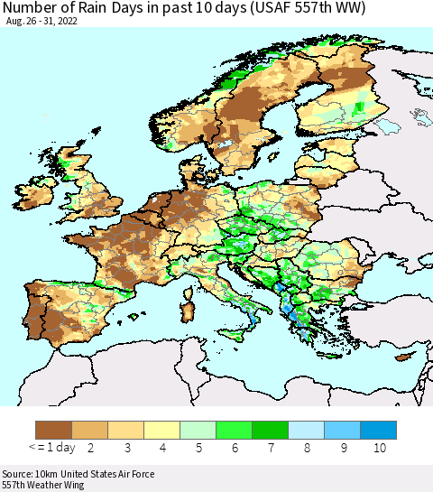 Europe Number of Rain Days in past 10 days (USAF 557th WW) Thematic Map For 8/26/2022 - 8/31/2022