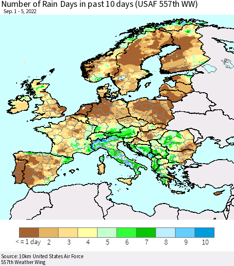 Europe Number of Rain Days in past 10 days (USAF 557th WW) Thematic Map For 9/1/2022 - 9/5/2022