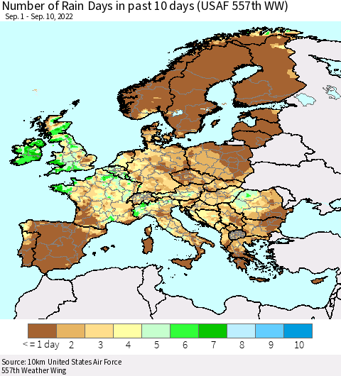 Europe Number of Rain Days in past 10 days (USAF 557th WW) Thematic Map For 9/6/2022 - 9/10/2022