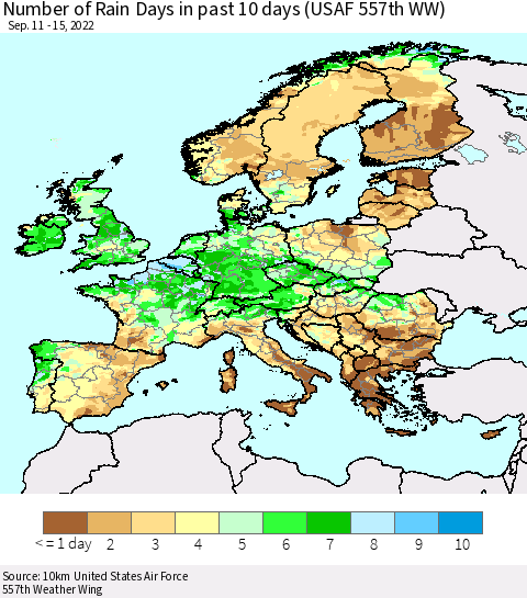 Europe Number of Rain Days in past 10 days (USAF 557th WW) Thematic Map For 9/11/2022 - 9/15/2022