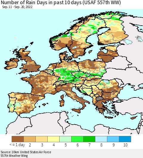 Europe Number of Rain Days in past 10 days (USAF 557th WW) Thematic Map For 9/16/2022 - 9/20/2022
