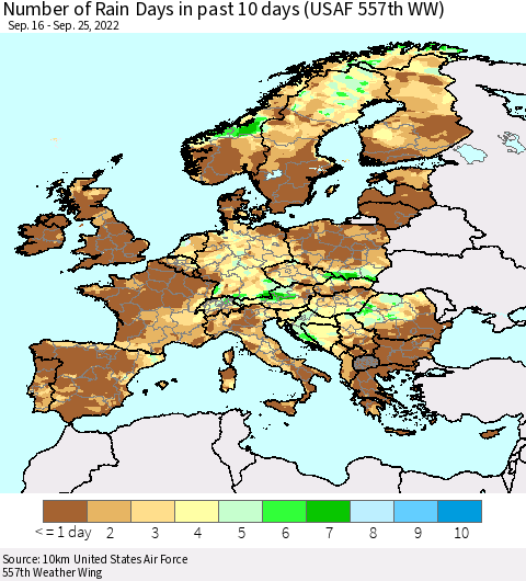 Europe Number of Rain Days in past 10 days (USAF 557th WW) Thematic Map For 9/21/2022 - 9/25/2022