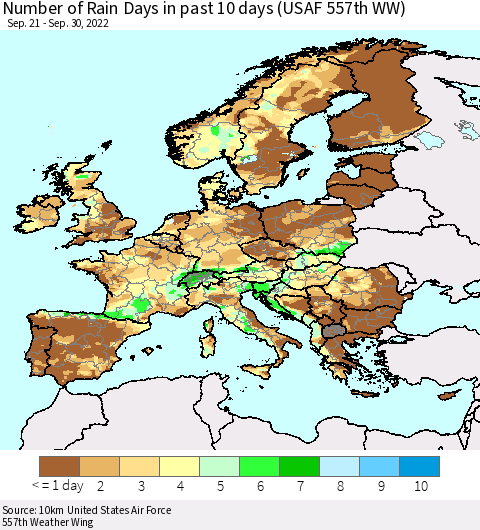 Europe Number of Rain Days in past 10 days (USAF 557th WW) Thematic Map For 9/26/2022 - 9/30/2022