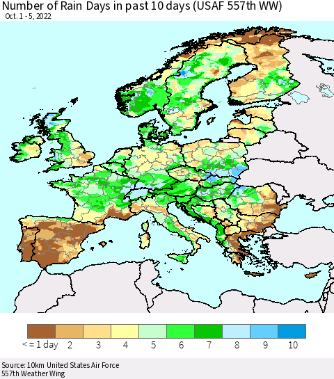 Europe Number of Rain Days in past 10 days (USAF 557th WW) Thematic Map For 10/1/2022 - 10/5/2022