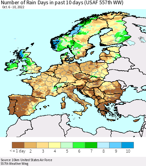 Europe Number of Rain Days in past 10 days (USAF 557th WW) Thematic Map For 10/6/2022 - 10/10/2022