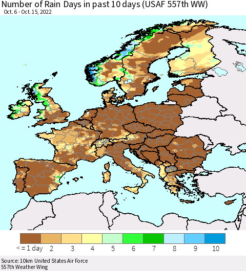 Europe Number of Rain Days in past 10 days (USAF 557th WW) Thematic Map For 10/11/2022 - 10/15/2022