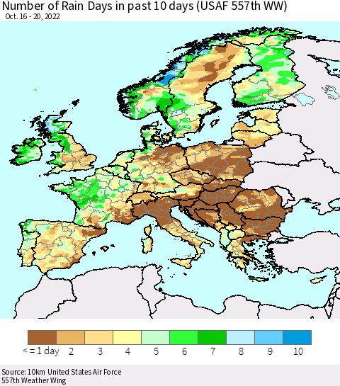 Europe Number of Rain Days in past 10 days (USAF 557th WW) Thematic Map For 10/16/2022 - 10/20/2022