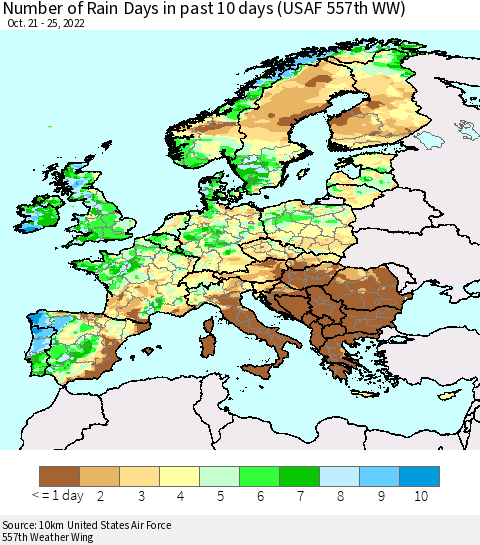 Europe Number of Rain Days in past 10 days (USAF 557th WW) Thematic Map For 10/21/2022 - 10/25/2022